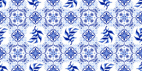 Naklejka premium Greek mosaic tile pattern with traditional italian, spanish ornament, abstract vector seamless background. Blue white geometric design, floor or wall portuguese azulejo style, vintage floral motif