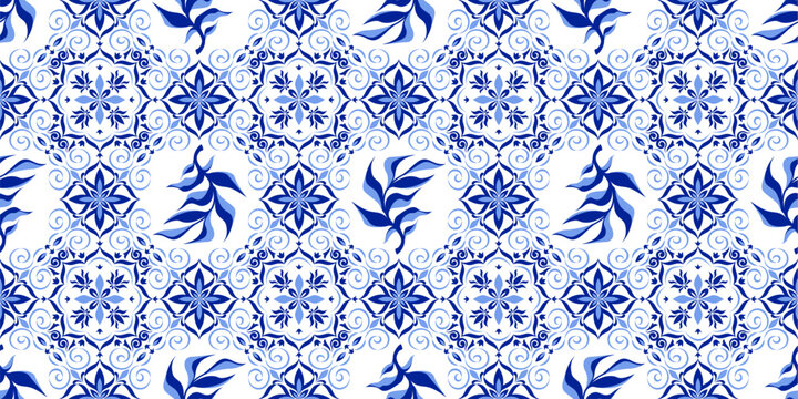 Greek mosaic tile pattern with traditional italian, spanish ornament, abstract vector seamless background. Blue white geometric design, floor or wall portuguese azulejo style, vintage floral motif