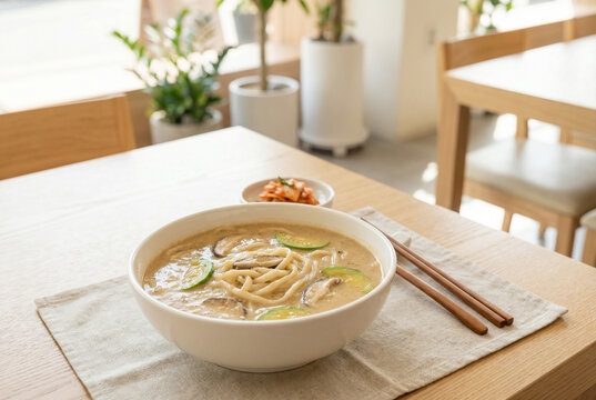Korean Perilla Seed Kalguksu in Modern Dining Room Setting