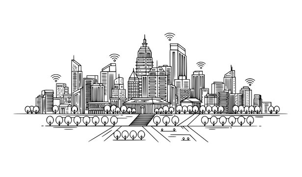 Sustainable smart city skyline with trees and wireless technology pixel perfect editable stroke vector scene