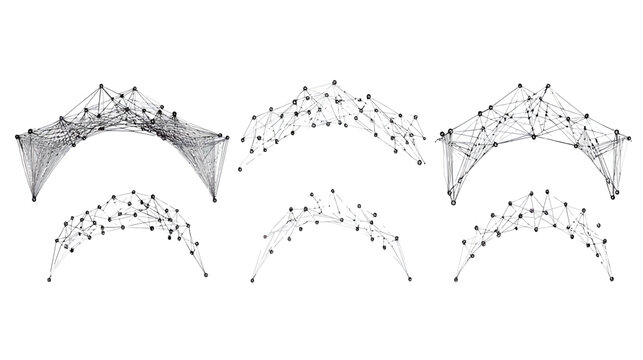 Abstract digital art with six arched structures. Each features connected dots and lines
