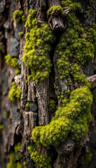 Fototapeta premium Close-up of moss growing on a weathered tree bark, showcasing intricate textures and micro-ecosystems, life, habitat