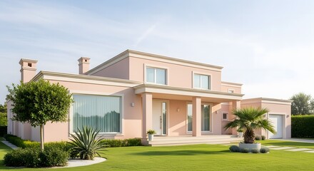 Fototapeta premium Modern Pink Villa with Lush Green Garden