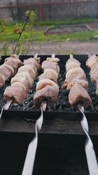Uncooked meat pieces and sliced onions rest on metal skewers over a charcoal grill. The barbecue setup sits outdoors against a blurred garden background. Gray coals fill the grill basin.