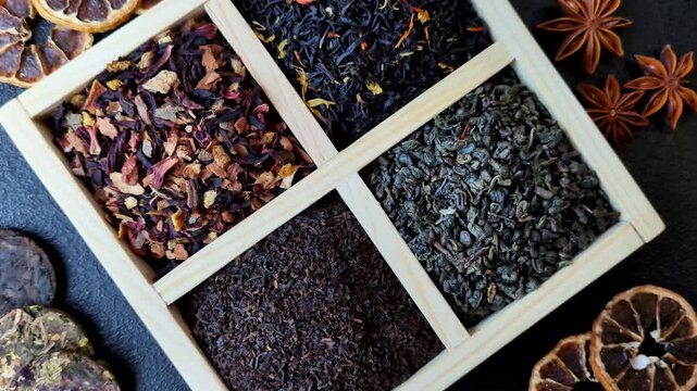 A box of various dry teas, black, green, herbal, and fruit, with flavored additives. A set of different tea varieties as a backdrop for your design