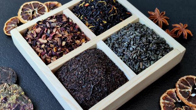 A box of various dry teas, black, green, herbal, and fruit, with flavored additives. A set of different tea varieties as a backdrop for your design