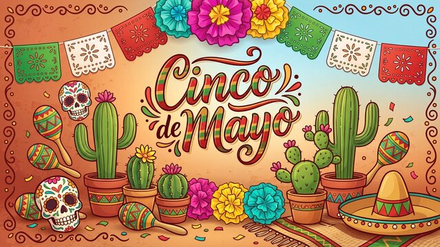 Festive Cinco de Mayo illustration featuring cacti in pots, colorful marigold flowers and sugar skulls. Mexican holiday with maracas, sombrero and papel picado banners in Spanish text Cinco de Mayo