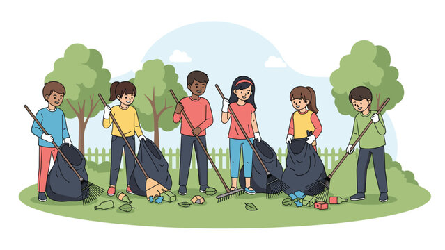 Group of diverse children volunteers to clean up a local park by raking fallen leaves and collecting trash into large black bags together.