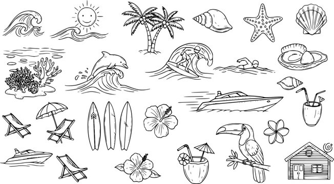 Hand Drawn Vector Illustration Graphic Set of Diverse Tropical Beach Summer Vacation Travel Elements for Web and Print Designs