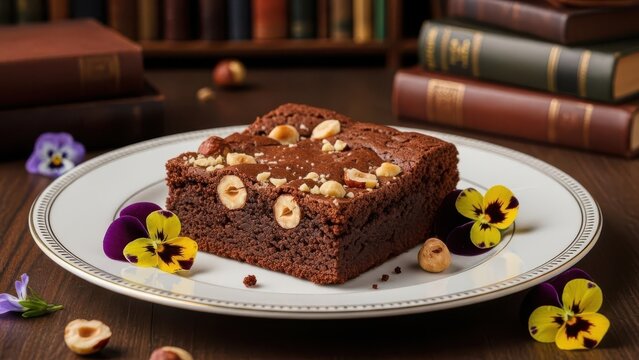 Gourmet chocolate brownie with hazelnuts and edible flowers on a vintage plate with books in the background