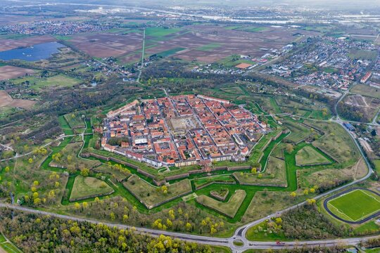 Aerial view of the octagonal fortress city with its star-shaped fortifications, a testament to military architecture, Neuf-Brisach, Grand Est, France.