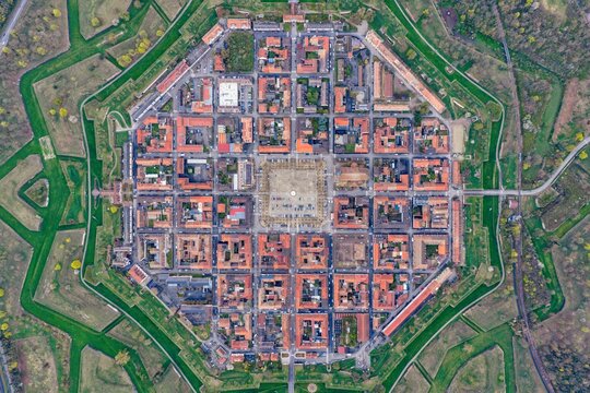 Aerial view of the octagonal fortress city, an architectural masterpiece, with its symmetrical layout and star-shaped fortifications, Neuf-Brisach, Grand Est, France.