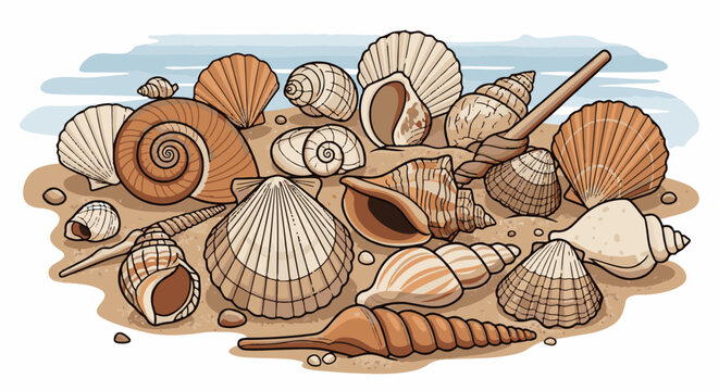 A collection of various seashells scattered on a sandy beach with a blue horizon