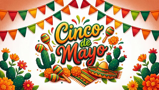Cinco de Mayo colorful illustration with maracas sombrero and cacti. Festive Mexican holiday banner featuring marigold flowers and bunting. Vibrant cultural celebration concept for party invitations
