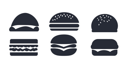 Fototapeta premium Six stylized grayscale burger icons with different arrangements, each isolated on white background