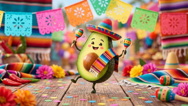 Anthropomorphic avocado character dancing with maracas in sombrero and poncho. Cinco de Mayo mexican fiesta celebration with colorful papel picado banners, flowers, peppers and confetti on wooden
