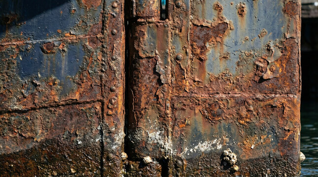 Rusty metal surface with barnacles on weathered boat hull  