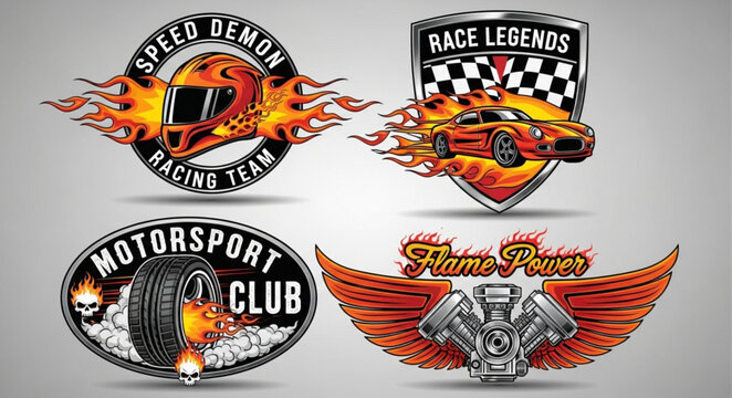 Set of four racing and motorsport emblems with flames.