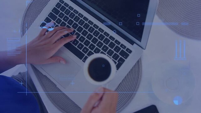 Woman typing left on laptop, righthand reaching and lifting cup for sipping tech HUD tracking hands