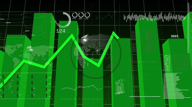 Vertical video: Tech UI running, time moving, plotting line, values changing, globe pulsing for biz
