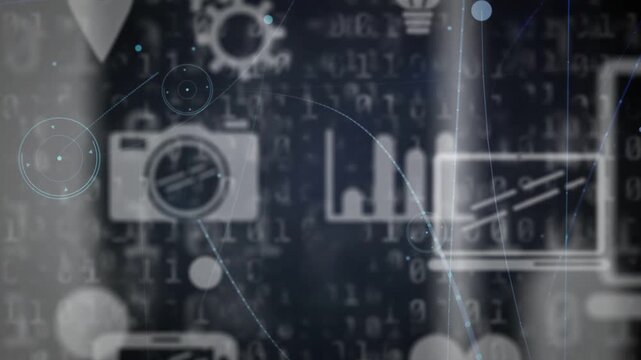 Vertical video: Wifi PC icons fading into matrix causing HUD rings linking nodes for network demo