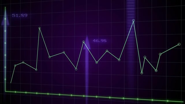 Tech line drawing as cursor adding points, arrows marking peaks, labels showing trend, fading base