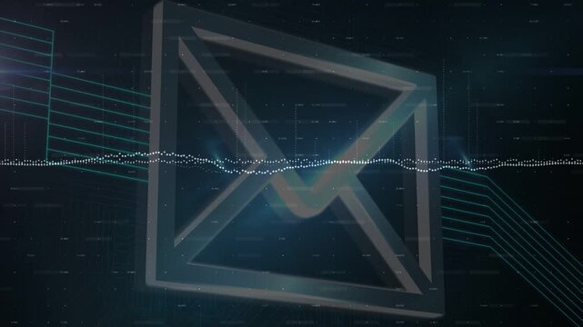 Vertical video: 3D envelope icon responding to rising audio waveform, glowing and showing tech data