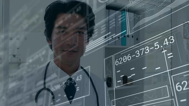 Vertical video: Doctor holding gaze in clinic on update HUD appearing over face highlighting vitals