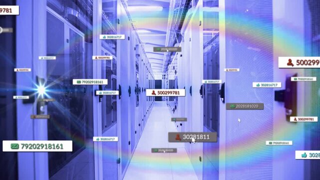 Vertical video: Animating server aisle after cursor pointing left, labels and flares appearing