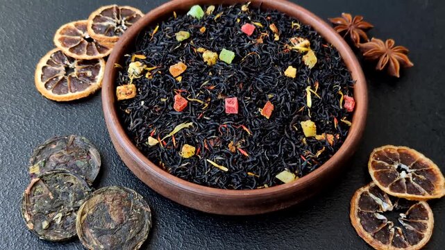 Dry black tea with herbal leaves and aromatic additives. Dry fruity black tea as a background for your design