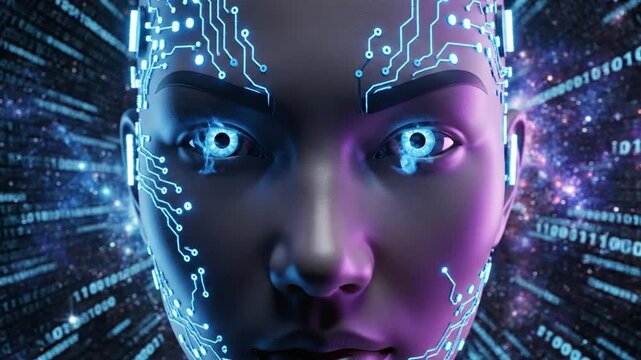 A futuristic digital human face with circuit board patterns and binary code background.