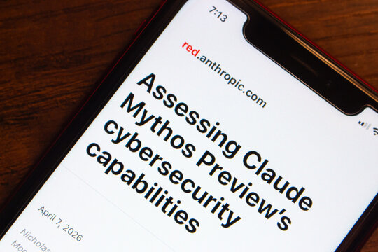 Mexico City, MEXICO - Apr 14 2026 :Smartphone displaying an Anthropic research article titled "Assessing Claude Mythos Preview's cybersecurity capabilities," on red.anthropic.com.