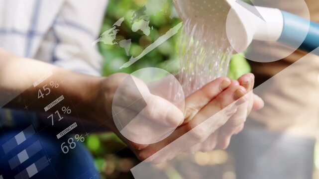 Vertical video: Tilting helper pouring can, cupping palms guiding water into pot sprout plaid cuff