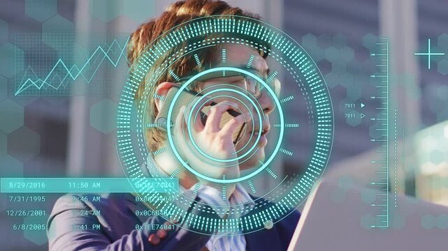 Vertical video: Call starting HUD, exec taking call, listening, speaking, glancing laptop for deal