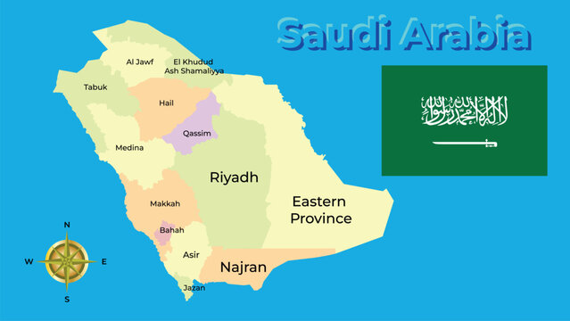 Detailed political map of Saudi Arabia with provinces, major cities, Riyadh capital and national flag on blue background.