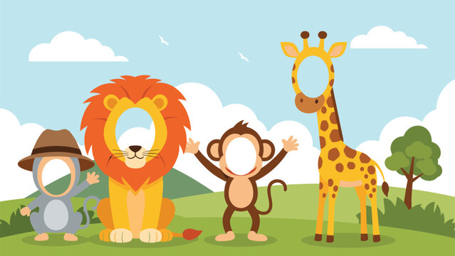 Fun photo booth prop board for kids featuring cartoon animal bodies of a lion, giraffe, monkey, and elephant with cutouts for faces.