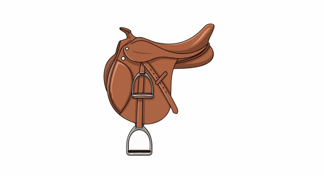 A brown leather horse saddle with silver stirrups