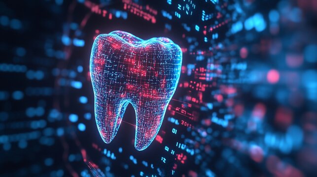 Digital tooth representation with glowing network and binary code overlay, futuristic concept