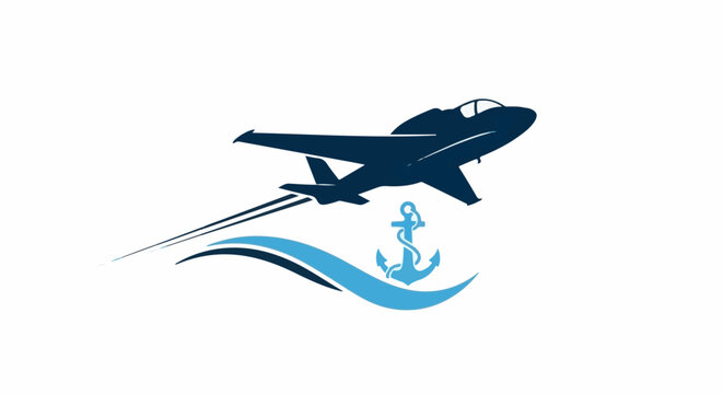 A dark blue jet soars above a stylized anchor on blue waves