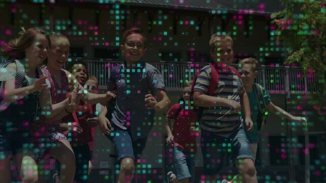 Students running toward camera across school lawn during recess, pixel grid revealing backpacks