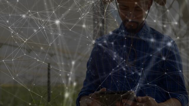 Farmer tapping tablet in hoophouse camera showing face overlay mapping torso face tracking crops