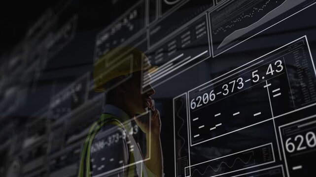 Vertical video: Construction engineer taking call moving monitoring HUD panels aligning with head