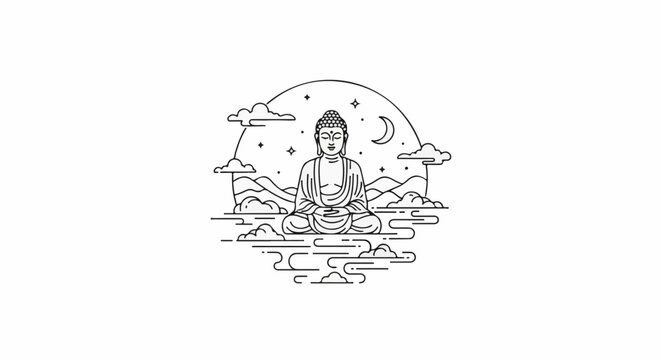 A contemplative Buddha sits serenely amidst a stylized night sky and mountainous landscape