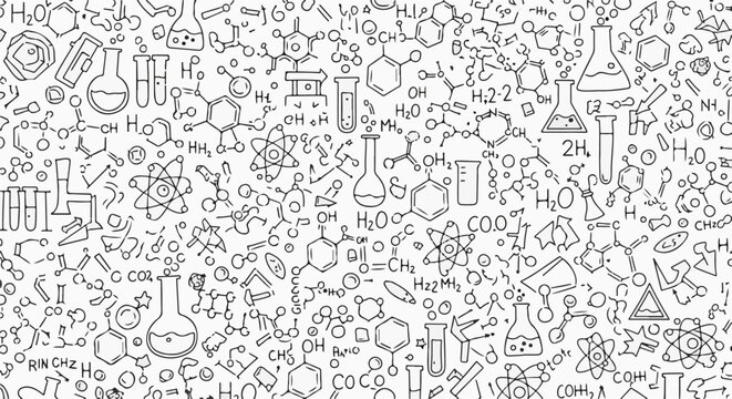 A chaotic pattern of hand-drawn scientific diagrams and formulas