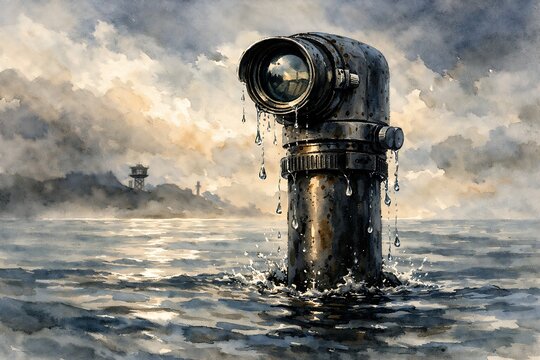 Watercolor camera pipe in ocean with lighthouse