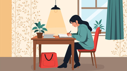 Fototapeta premium Focused student girl sitting at a desk and writing in her notebook while studying under a lamp in a cozy room with wallpaper.