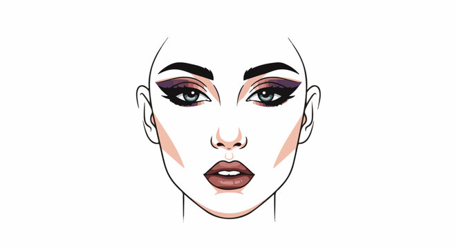 A close-up artistic illustration of a woman's face with dramatic eye makeup and defined lips