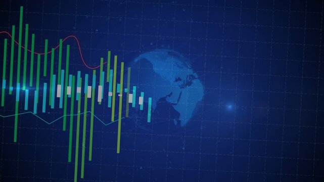 Vertical video: Left bars emerging growing in as lines tracing trends globe rotating showing data