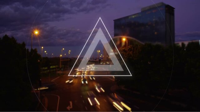 Centered ring appearing over city road at dusk, animating ticks, pulsing triangle for traffic tech