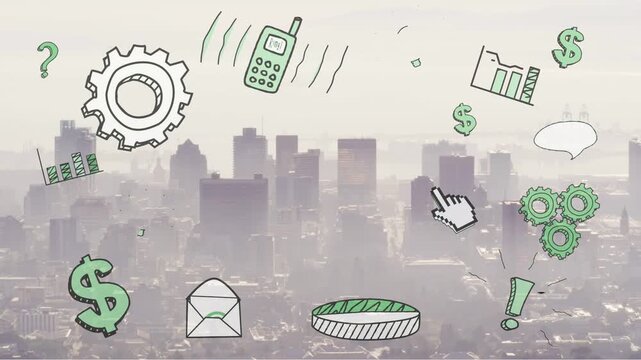 Icons entering over hazy skyline, frames starting pulsing, rotating, showing business charts, phone